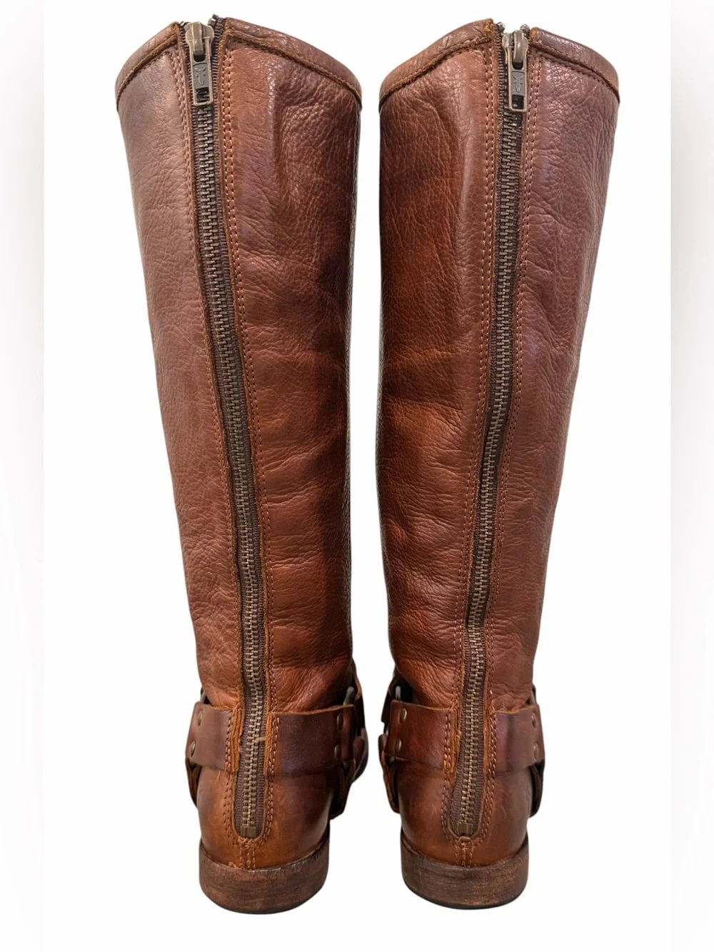 FRYE Phillip Harness Tall Leather Riding Boots Cognac Brown 5.5B Extended Calf